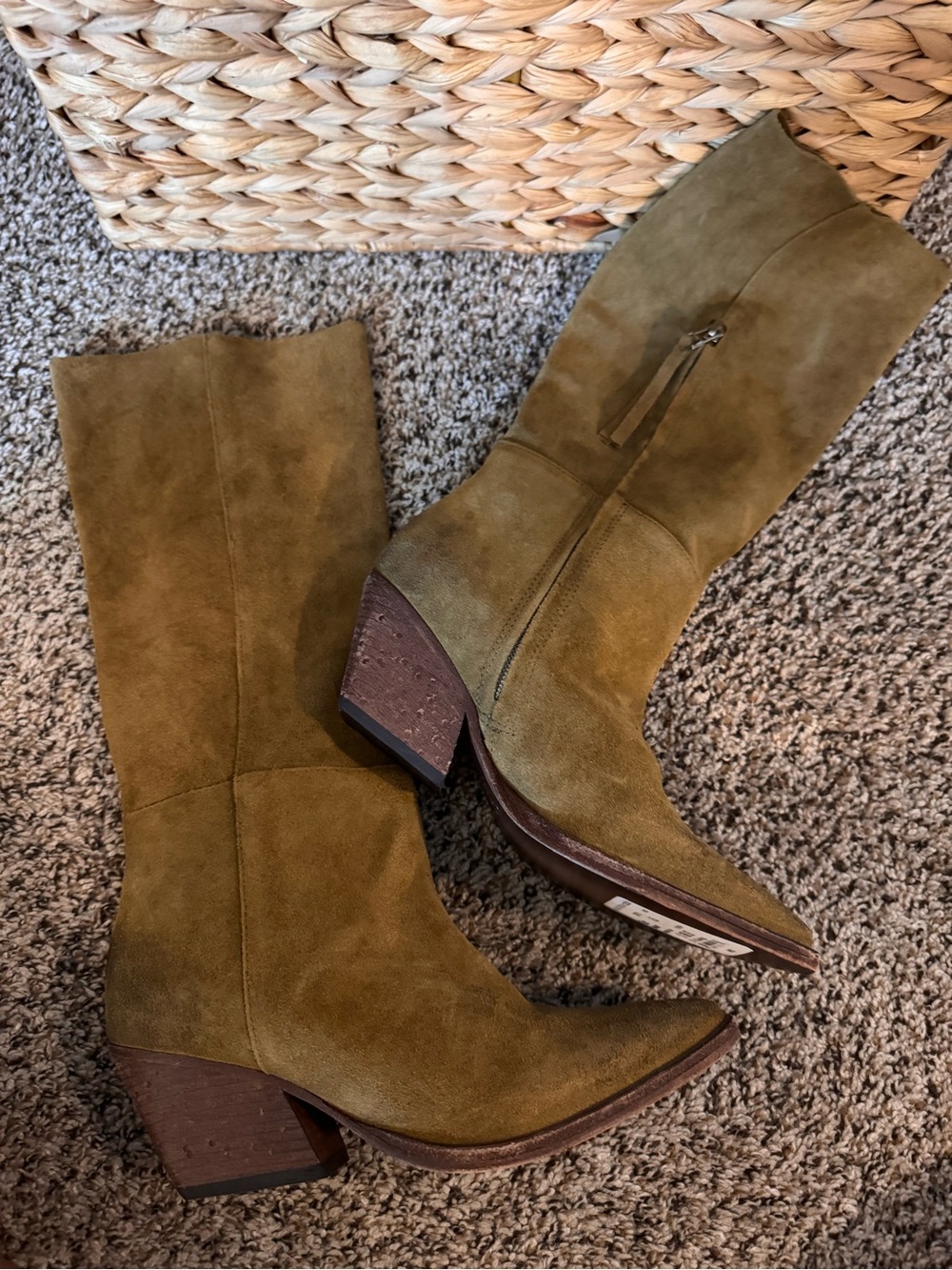 Olive Suede Mid-Calf Block Heel Boots